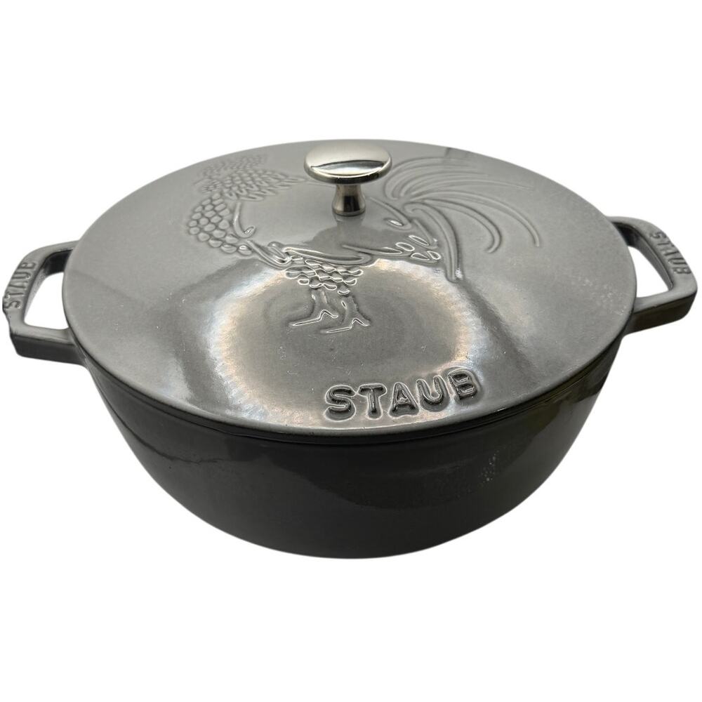 Vintage Staub 24cm 9.5" Rooster Lid Cast Iron Dutch Oven Gray Made France